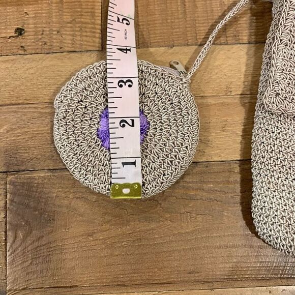 La Rue C/B Embroidered Crocheted Mini-Purse&Coin Purse Beige Purple 7-1/2x6-1/4” - Picture 7 of 11